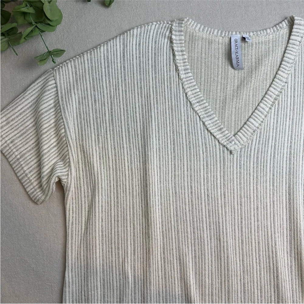 Grace + Karma Slouchy Boho Knit Short Sleeve Sweater Gray Cream Plus Size 2X NWT
